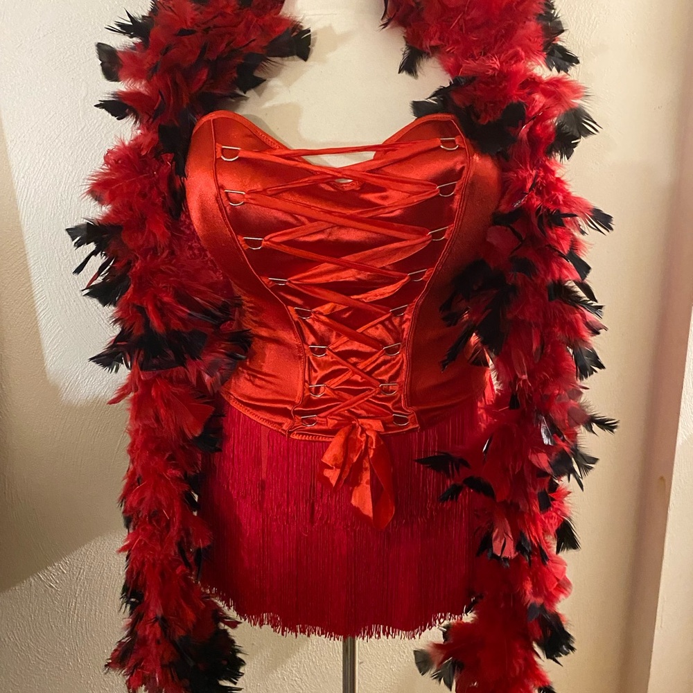 Red Lace-Up Corset with Feather Boa